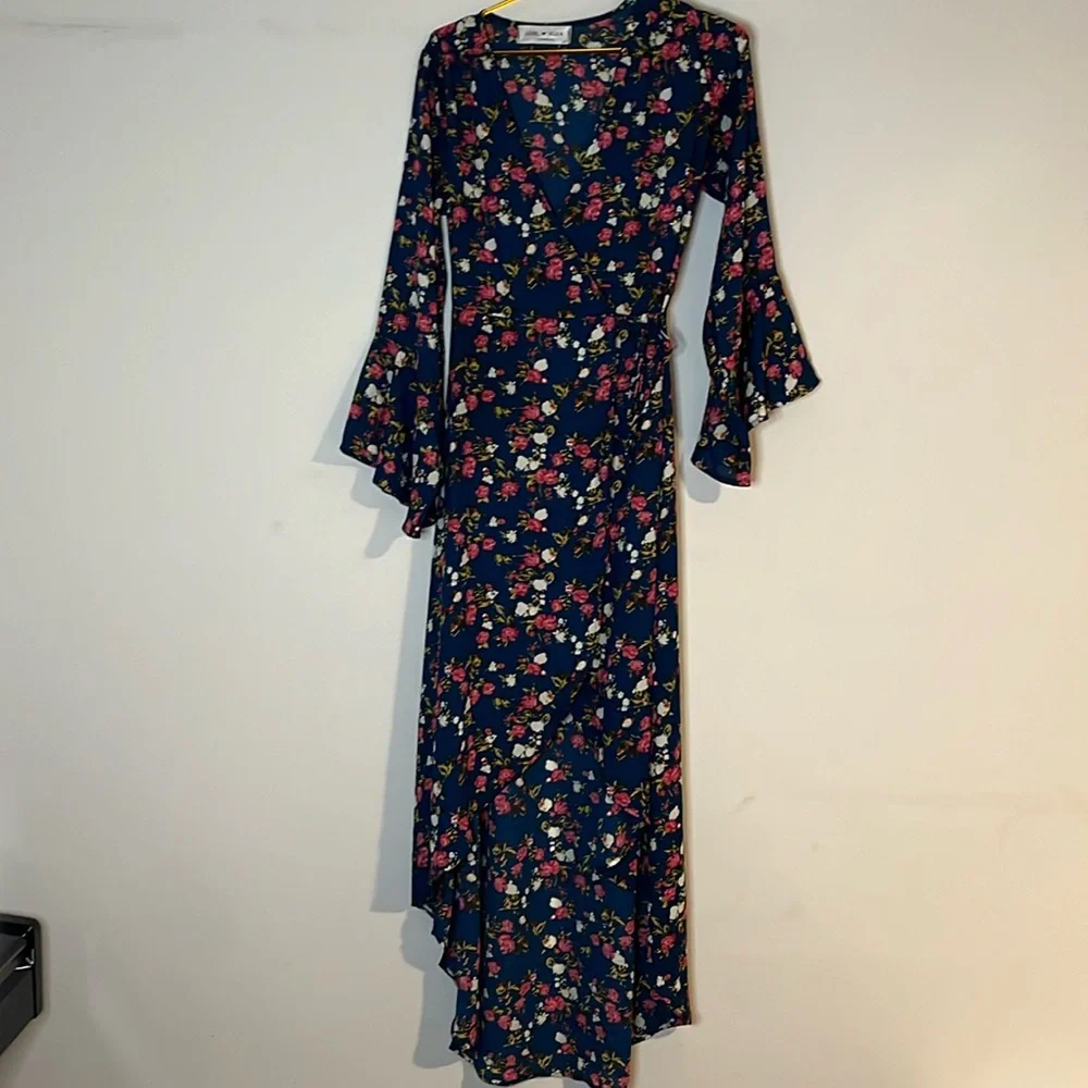 Love Kuza L A dress floral Sz S maxi wrap tie DRESS Dark romance Whimsgoth  flowy